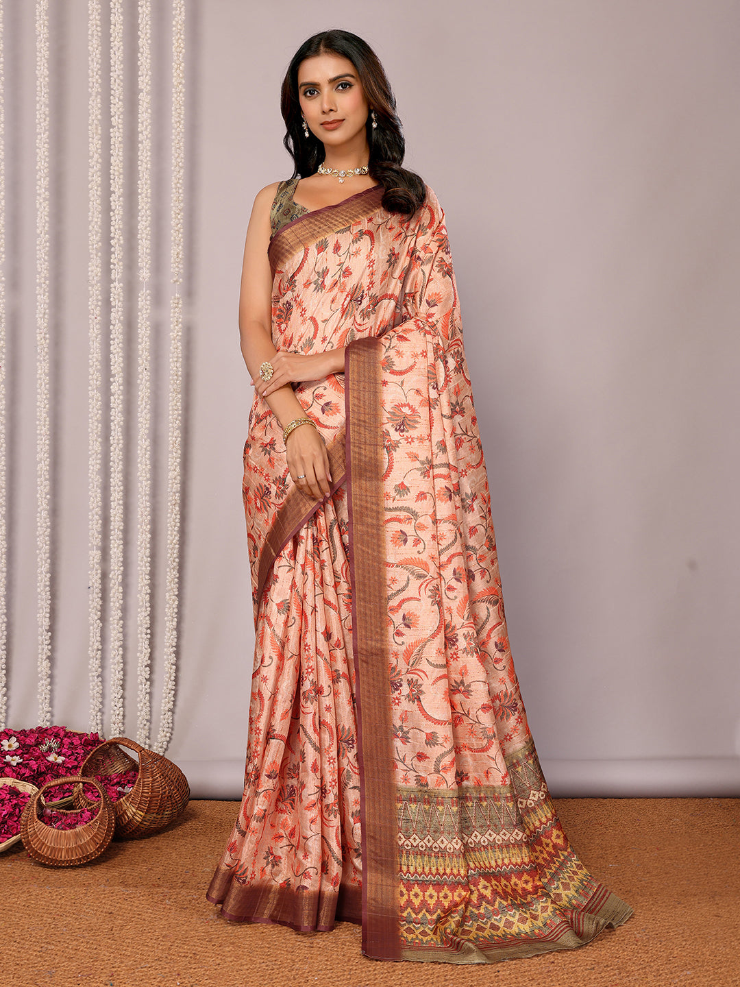 Janasya Peach Chanderi Silk Floral Printed Saree - Distacart