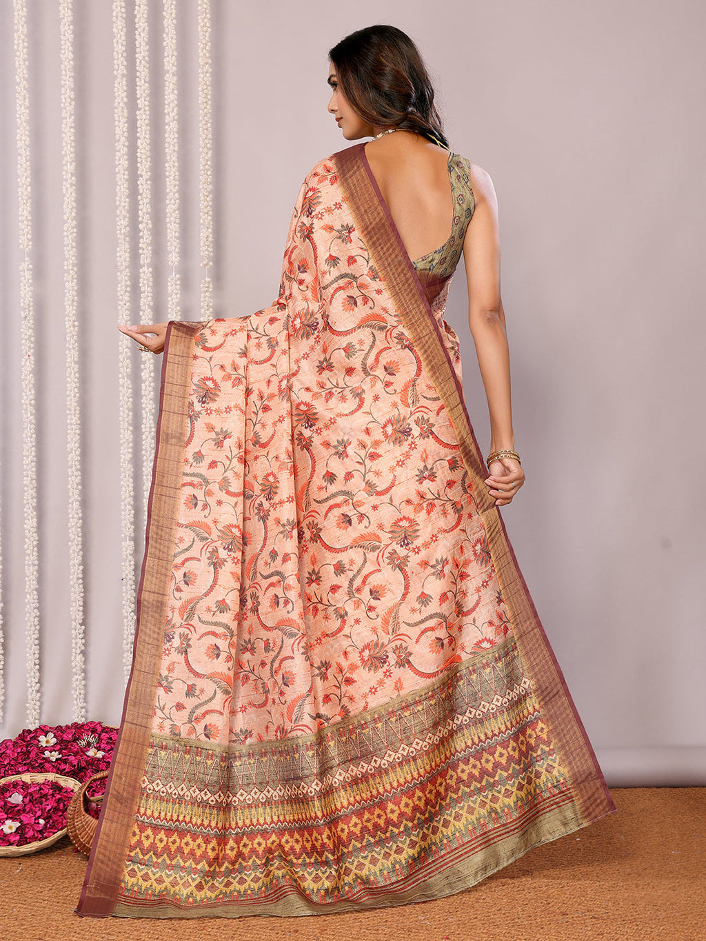 Janasya Peach Chanderi Silk Floral Printed Saree - Distacart