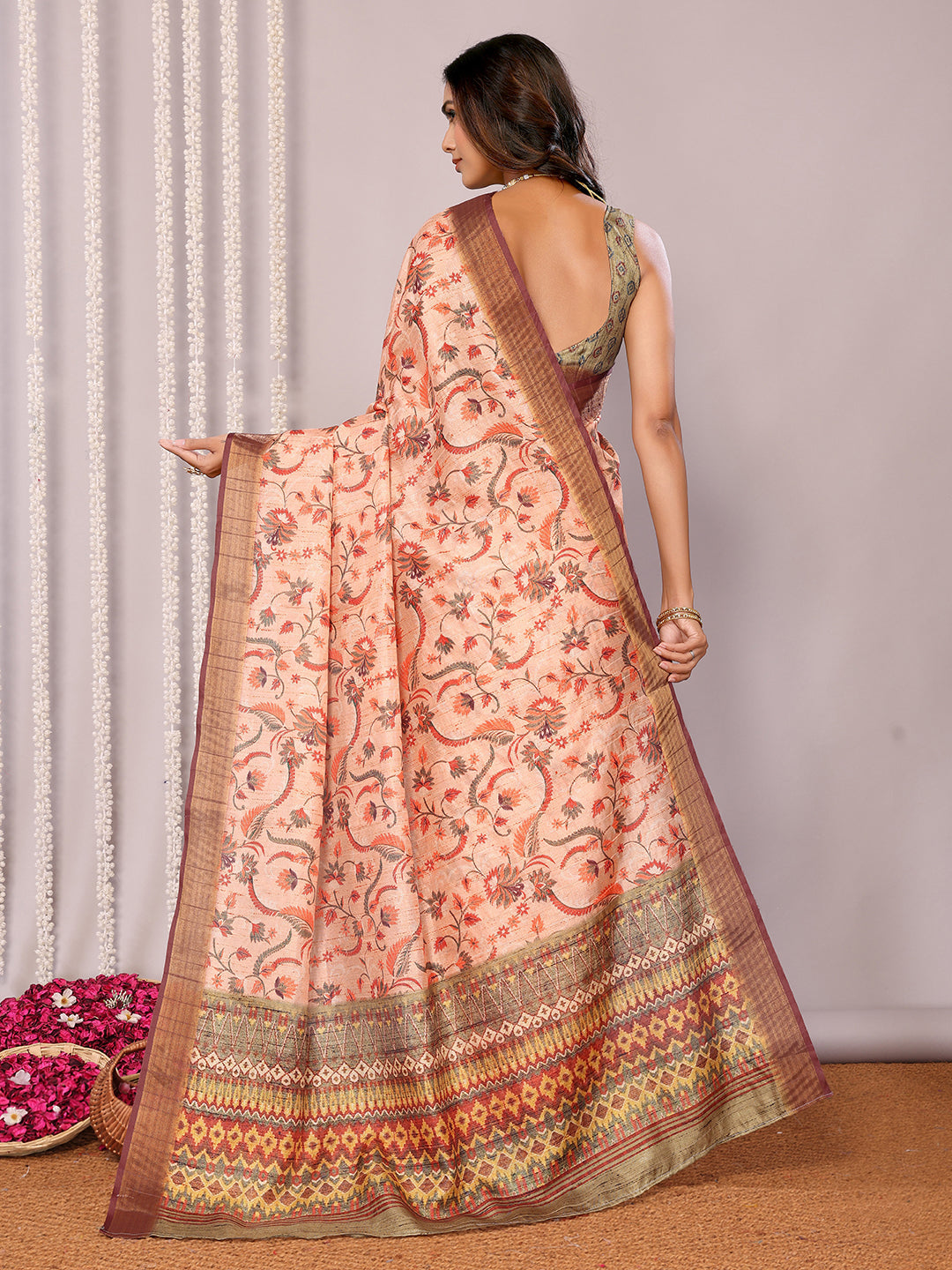 Janasya Peach Chanderi Silk Floral Printed Saree - Distacart