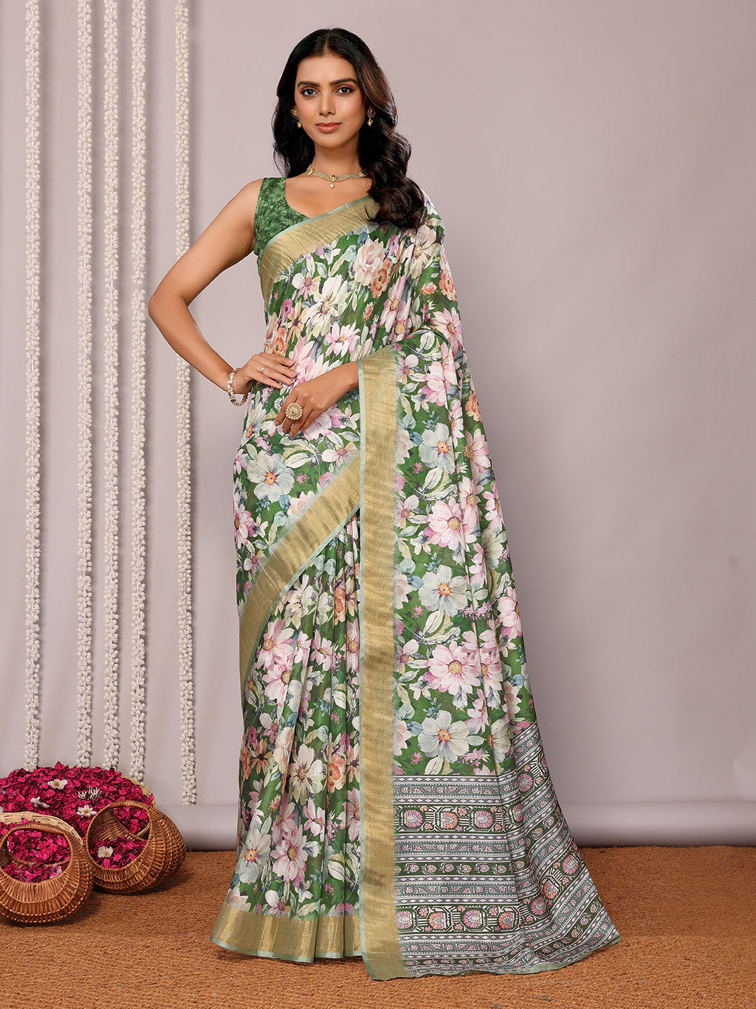Janasya Green Chanderi Silk Floral Printed Saree - Distacart