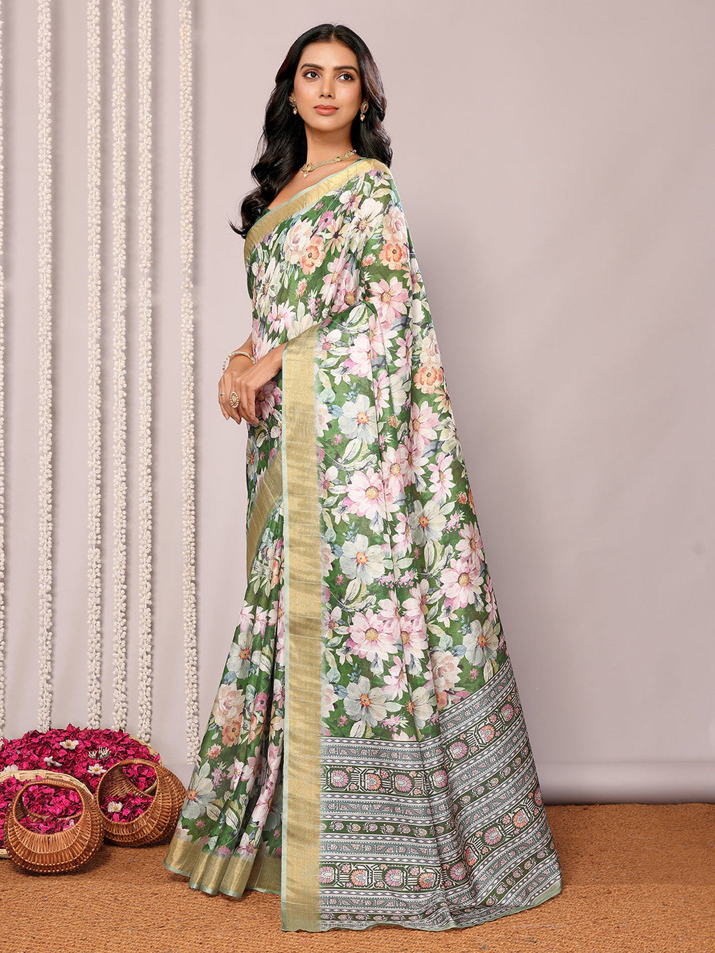 Janasya Green Chanderi Silk Floral Printed Saree - Distacart