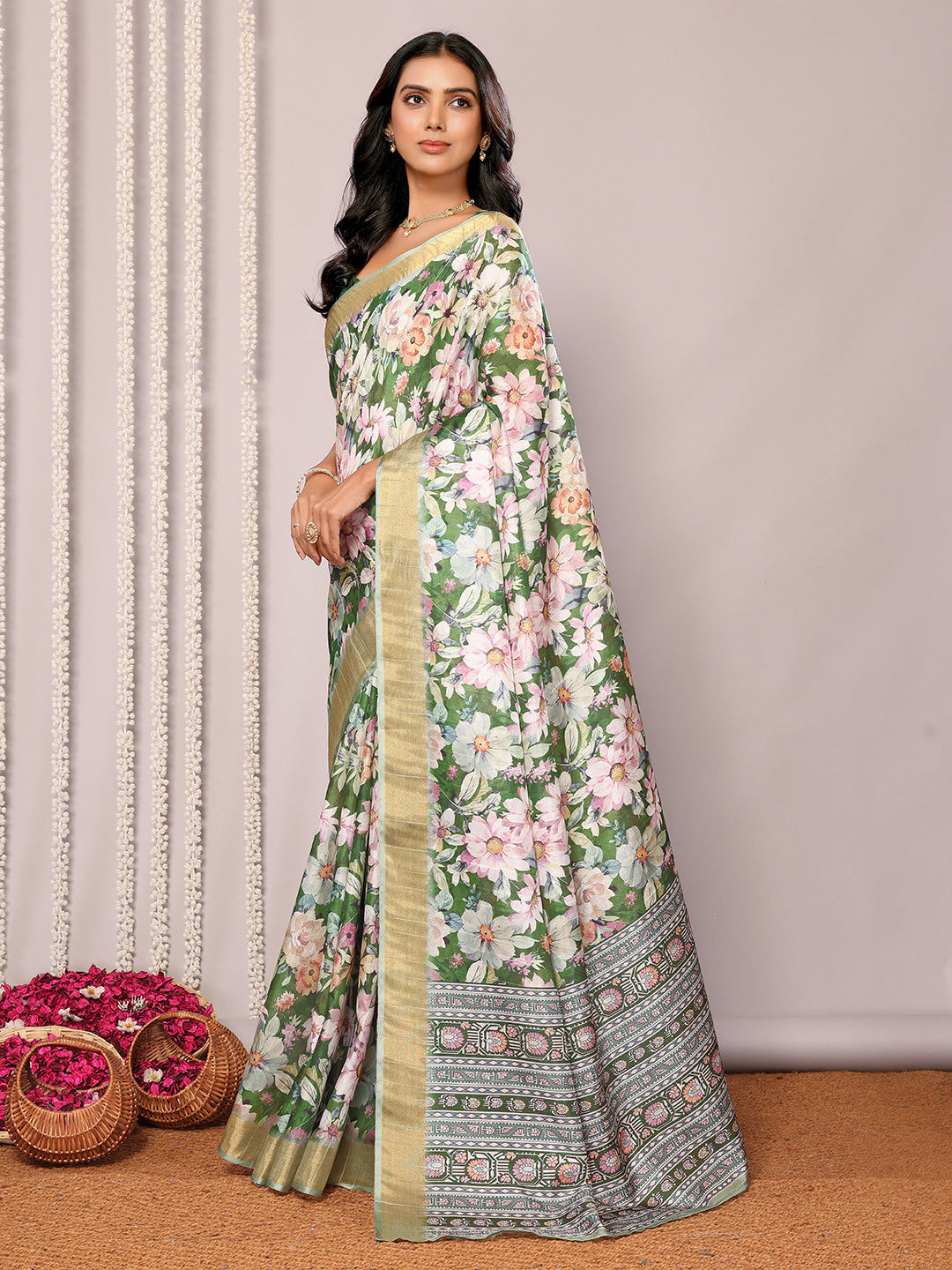 Janasya Green Chanderi Silk Floral Printed Saree - Distacart