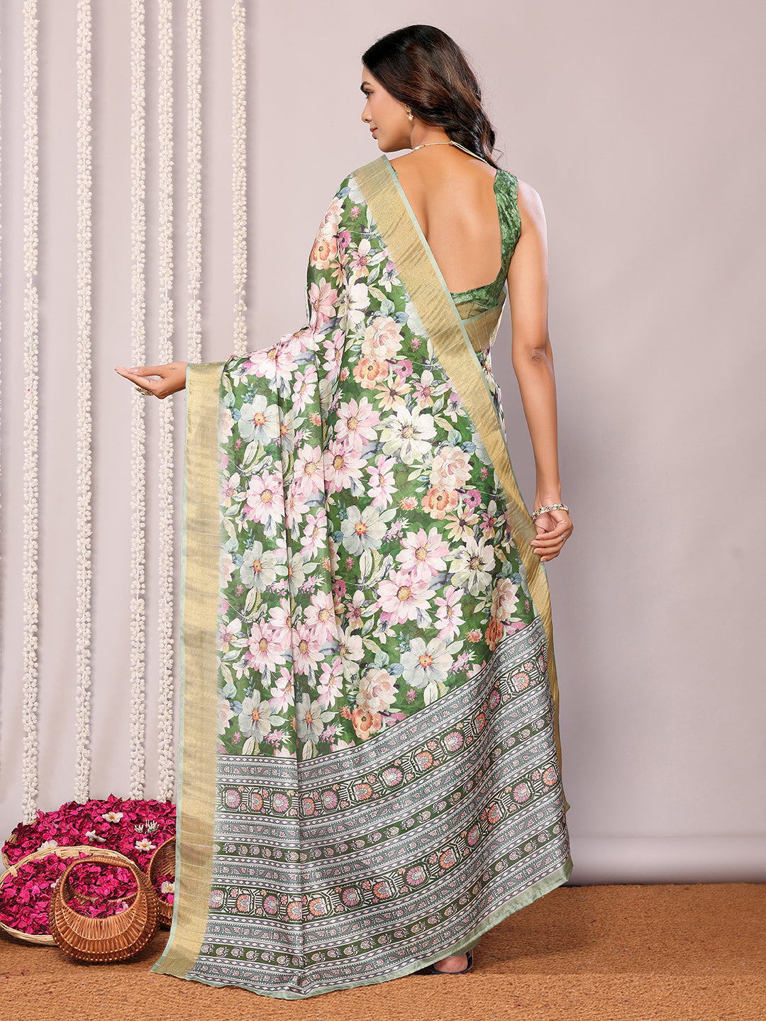 Janasya Green Chanderi Silk Floral Printed Saree - Distacart