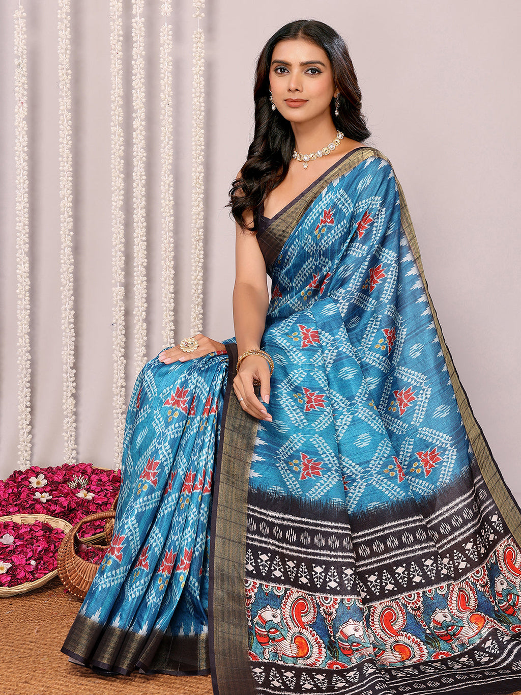 Janasya Blue Chanderi Silk Ikkat Printed Saree - Distacart