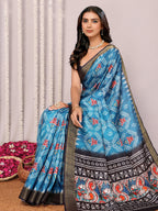 Janasya Blue Chanderi Silk Ikkat Printed Saree - Distacart