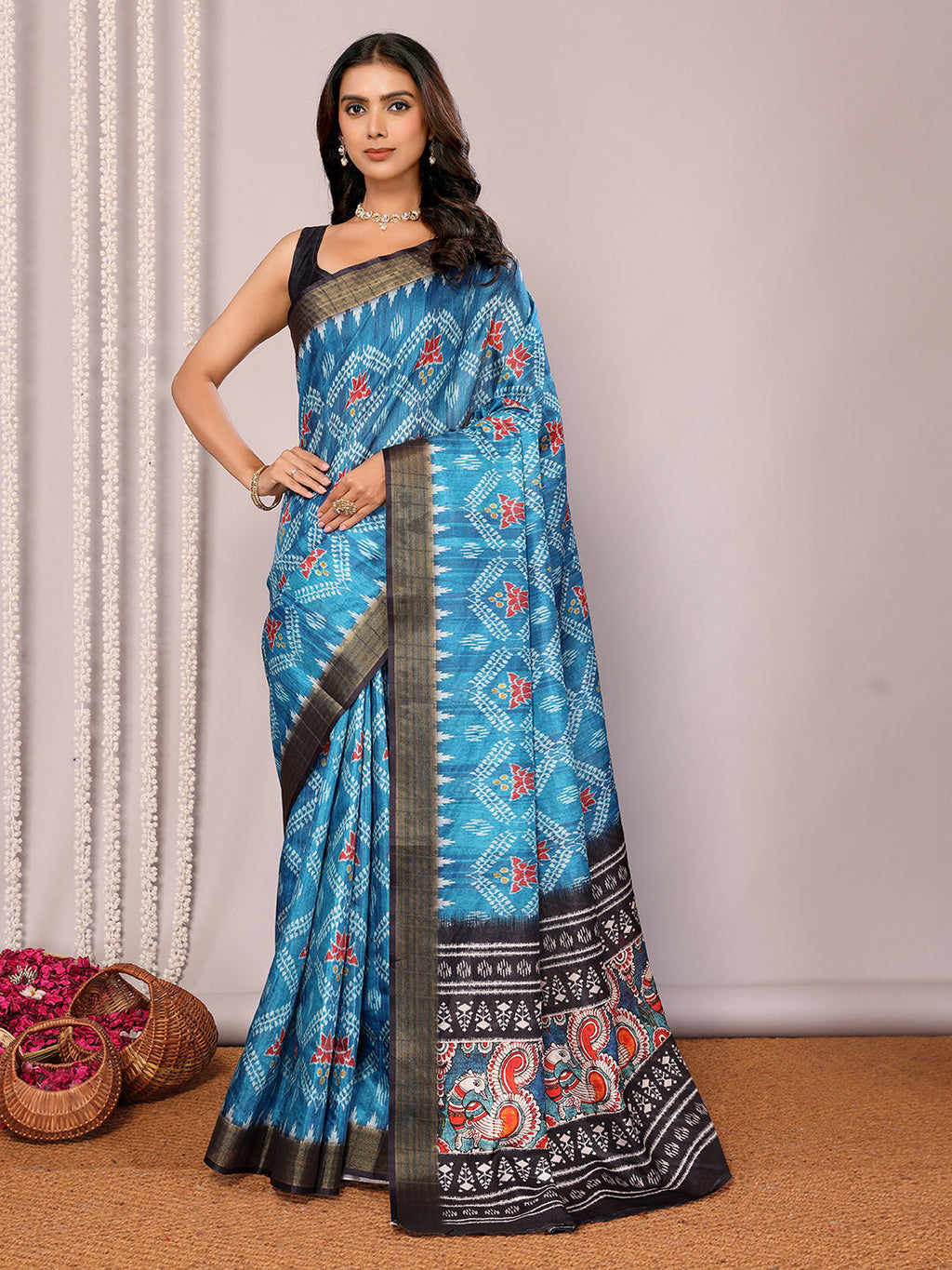 Janasya Blue Chanderi Silk Ikkat Printed Saree - Distacart