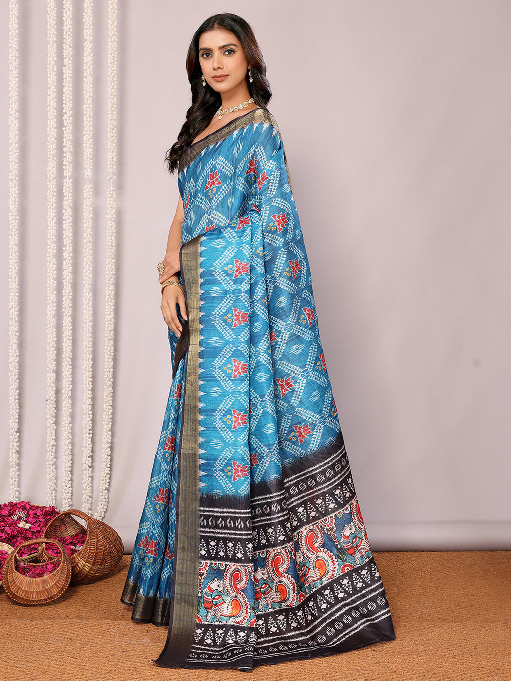 Janasya Blue Chanderi Silk Ikkat Printed Saree - Distacart