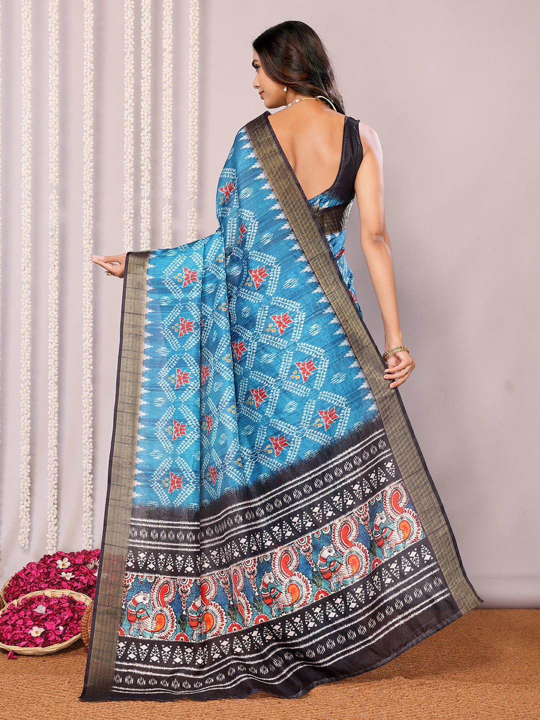 Janasya Blue Chanderi Silk Ikkat Printed Saree - Distacart