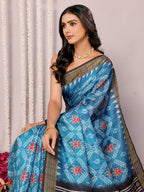 Janasya Blue Chanderi Silk Ikkat Printed Saree - Distacart