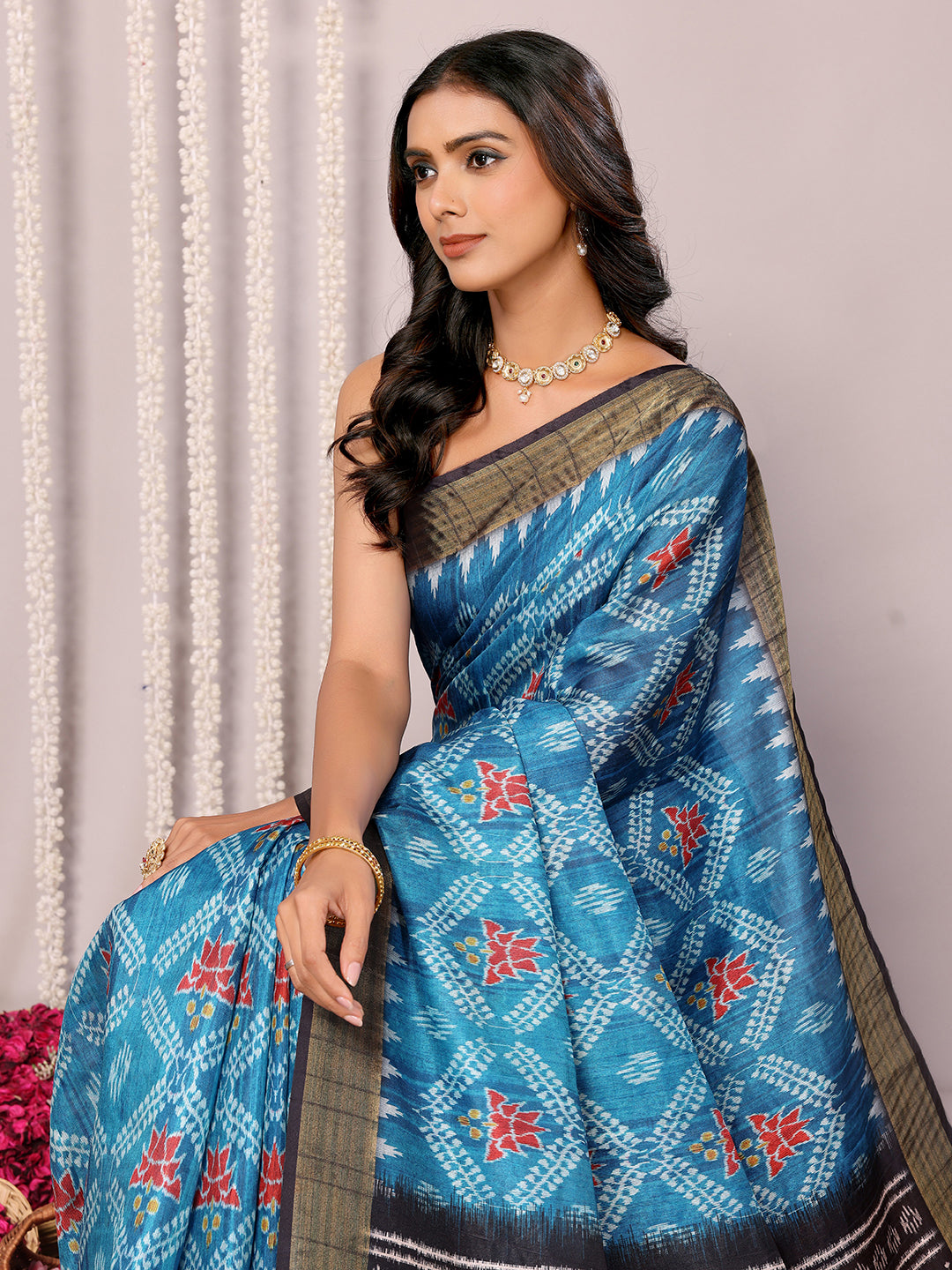 Janasya Blue Chanderi Silk Ikkat Printed Saree - Distacart