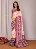 Janasya White & Purple Chanderi Silk Ikkat Printed Saree - Distacart