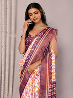 Janasya White & Purple Chanderi Silk Ikkat Printed Saree - Distacart