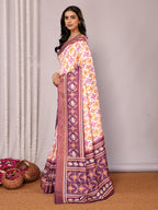 Janasya White & Purple Chanderi Silk Ikkat Printed Saree - Distacart