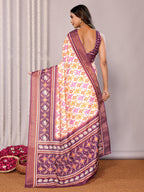 Janasya White & Purple Chanderi Silk Ikkat Printed Saree - Distacart