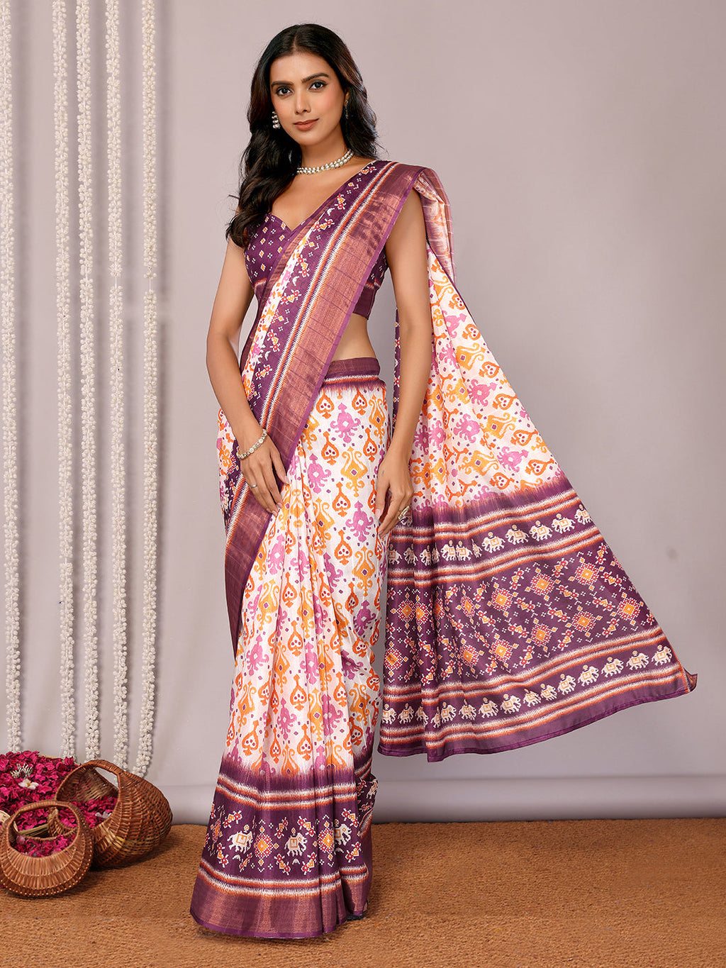 Janasya White & Purple Chanderi Silk Ikkat Printed Saree - Distacart