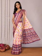 Janasya White & Purple Chanderi Silk Ikkat Printed Saree - Distacart