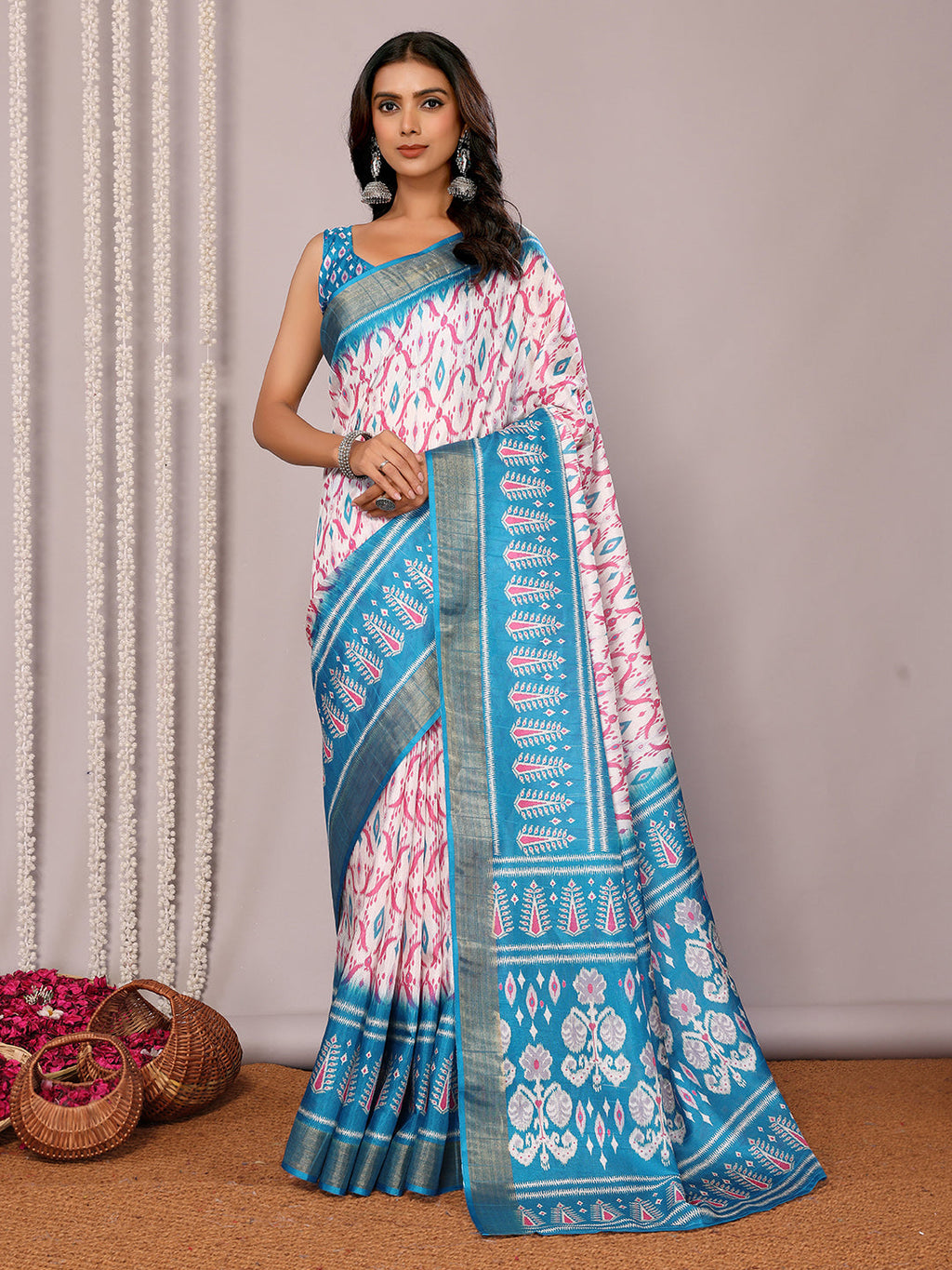 Janasya Blue Chanderi Silk Ikkat Printed Saree - Distacart