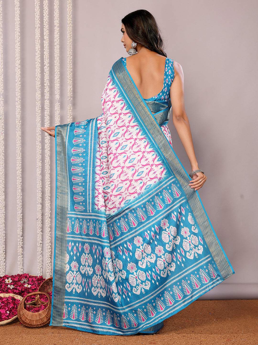 Janasya Blue Chanderi Silk Ikkat Printed Saree - Distacart