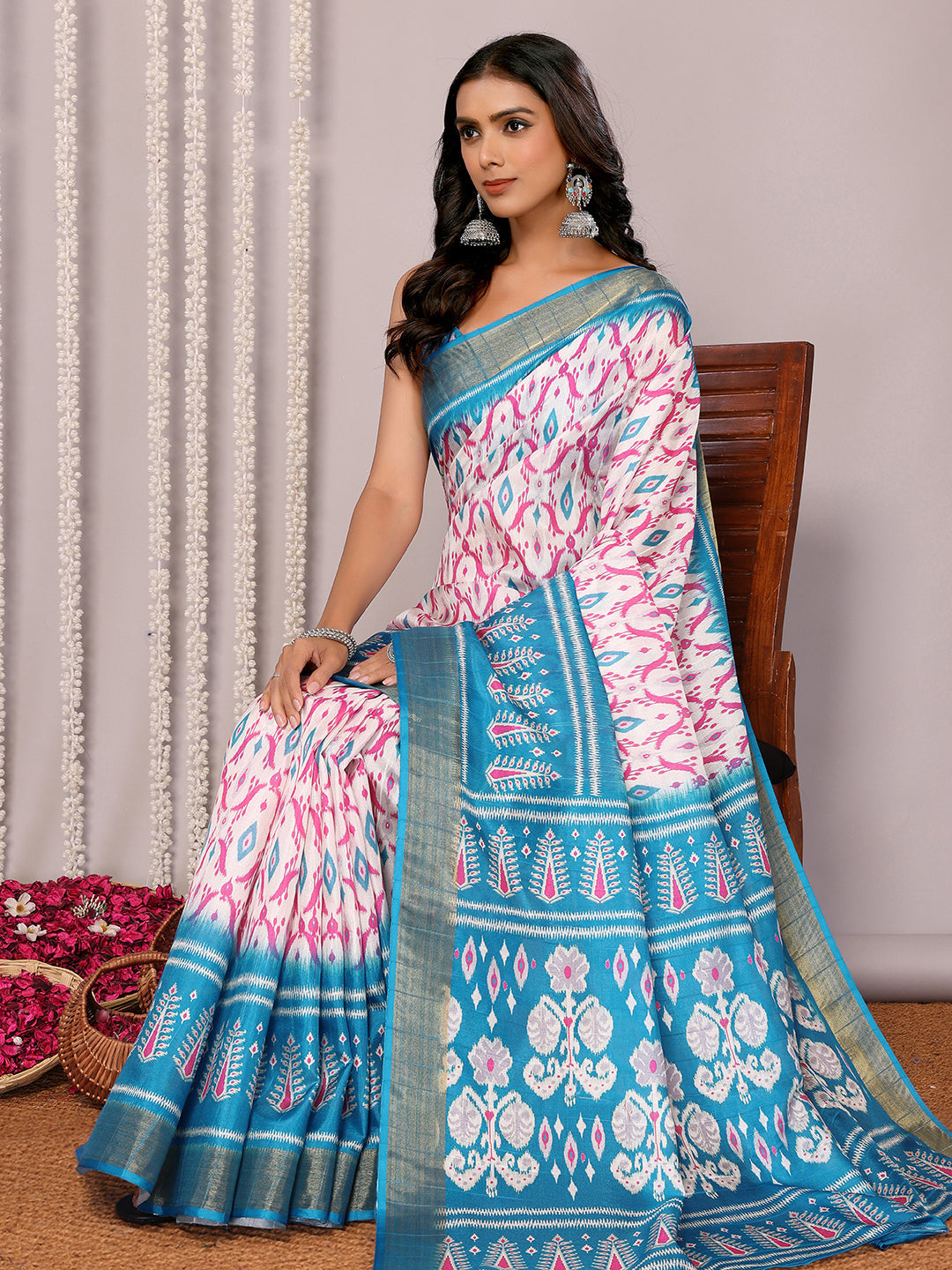 Janasya Blue Chanderi Silk Ikkat Printed Saree - Distacart