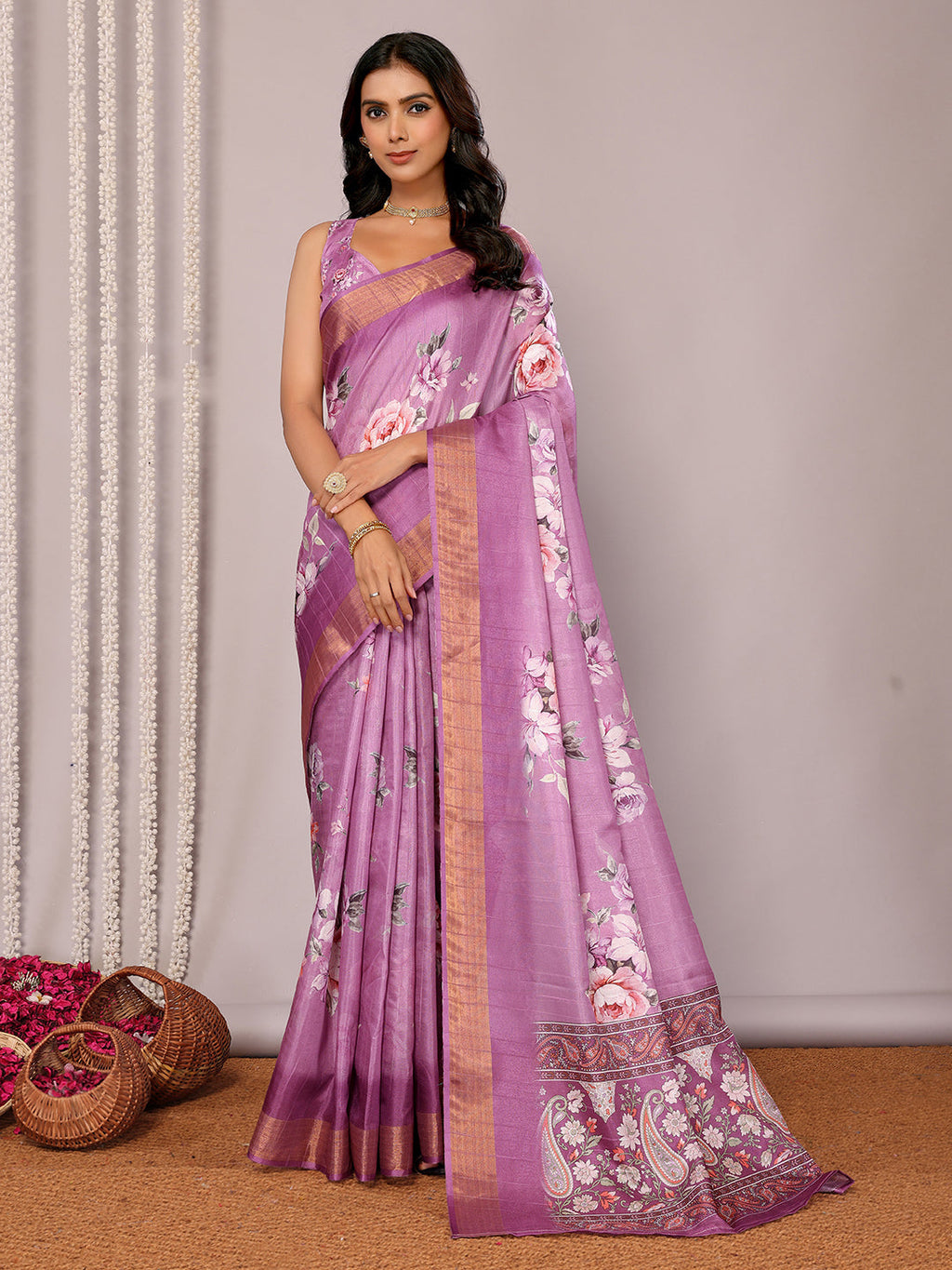 Janasya Purple Chanderi Silk Floral Printed Saree - Distacart