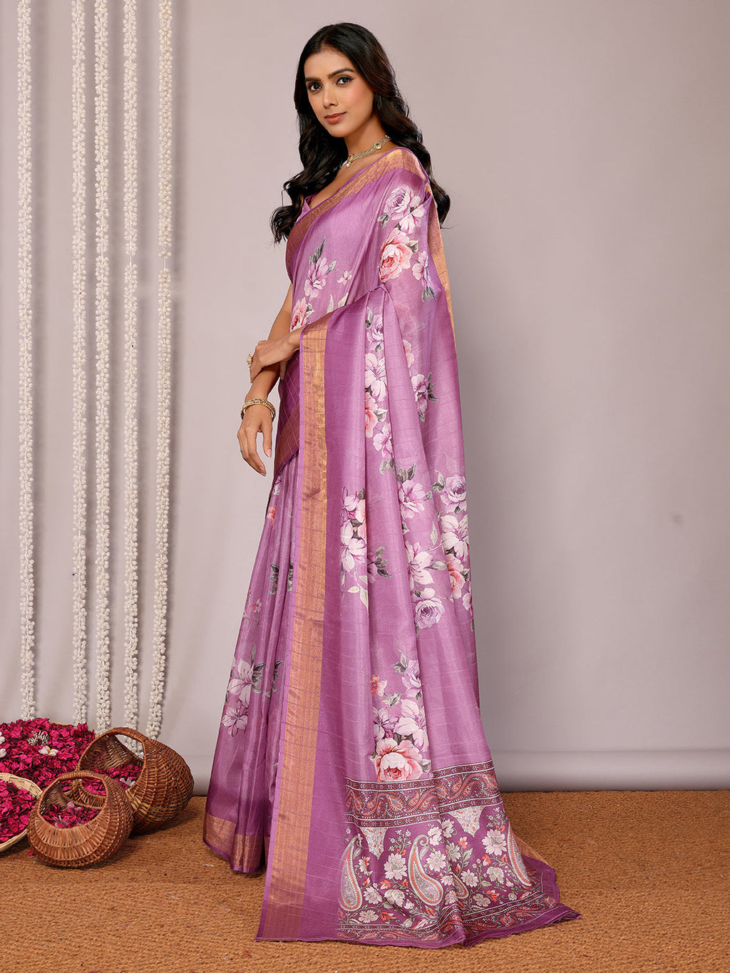 Janasya Purple Chanderi Silk Floral Printed Saree - Distacart