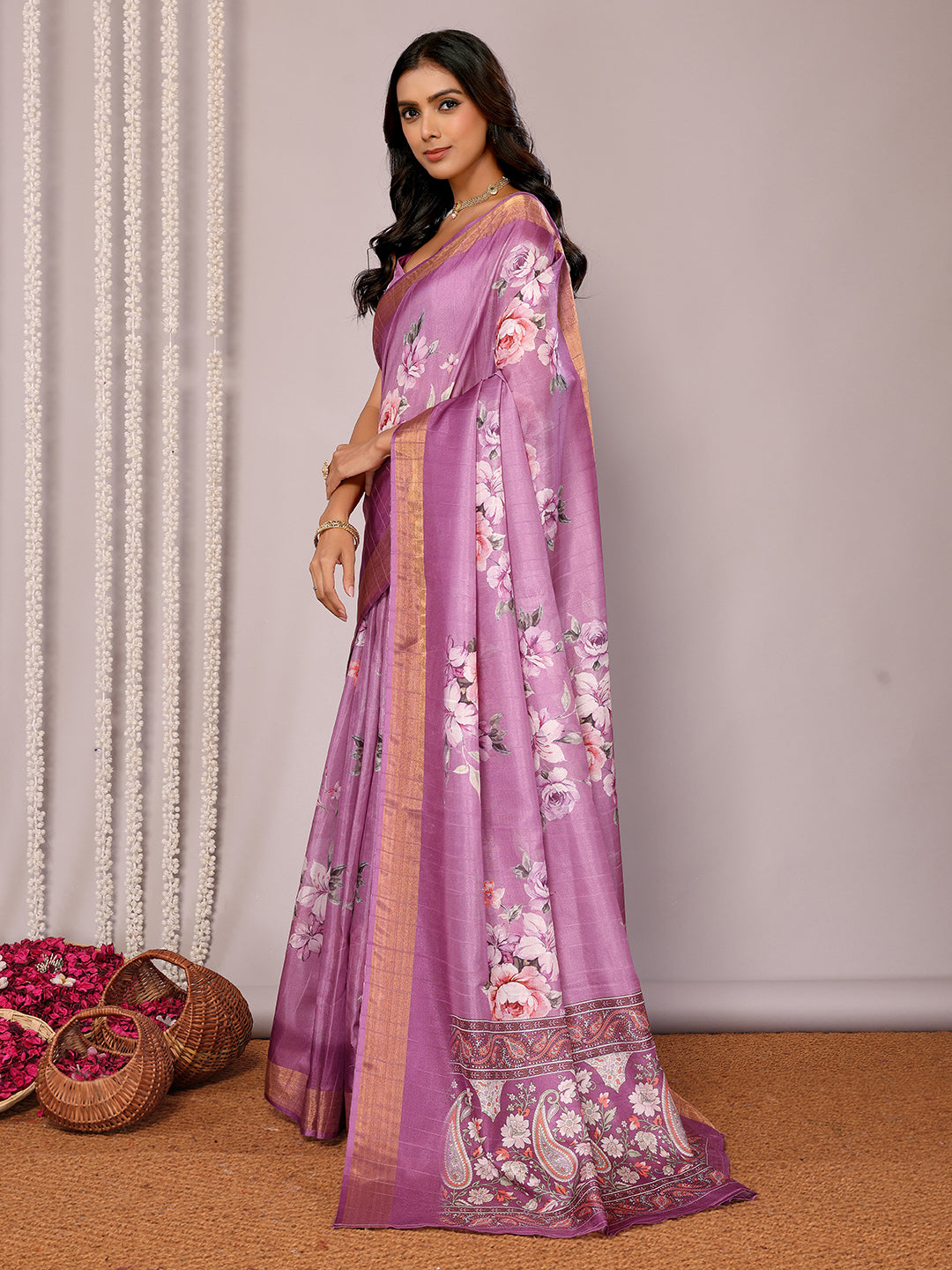 Janasya Purple Chanderi Silk Floral Printed Saree - Distacart