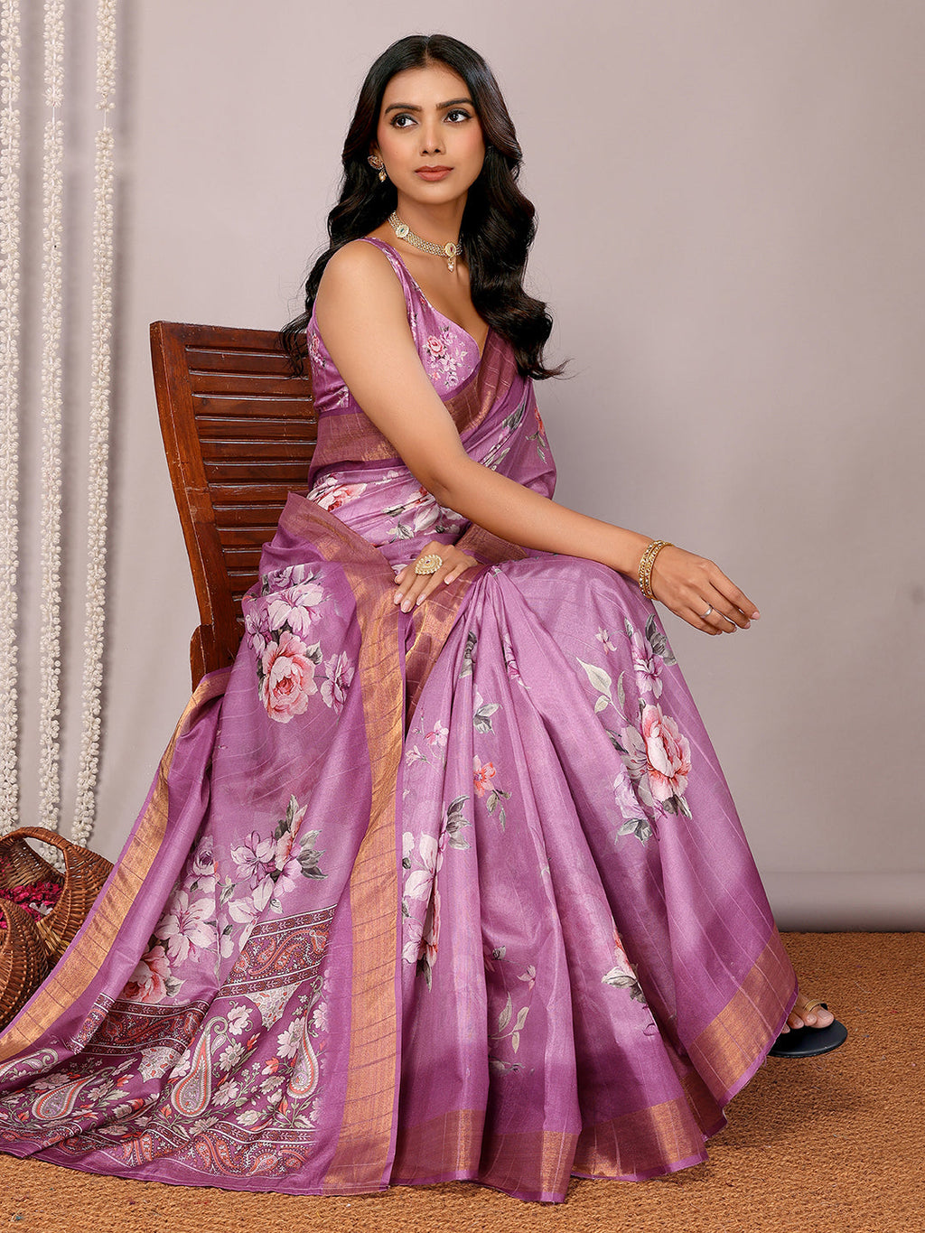 Janasya Purple Chanderi Silk Floral Printed Saree - Distacart