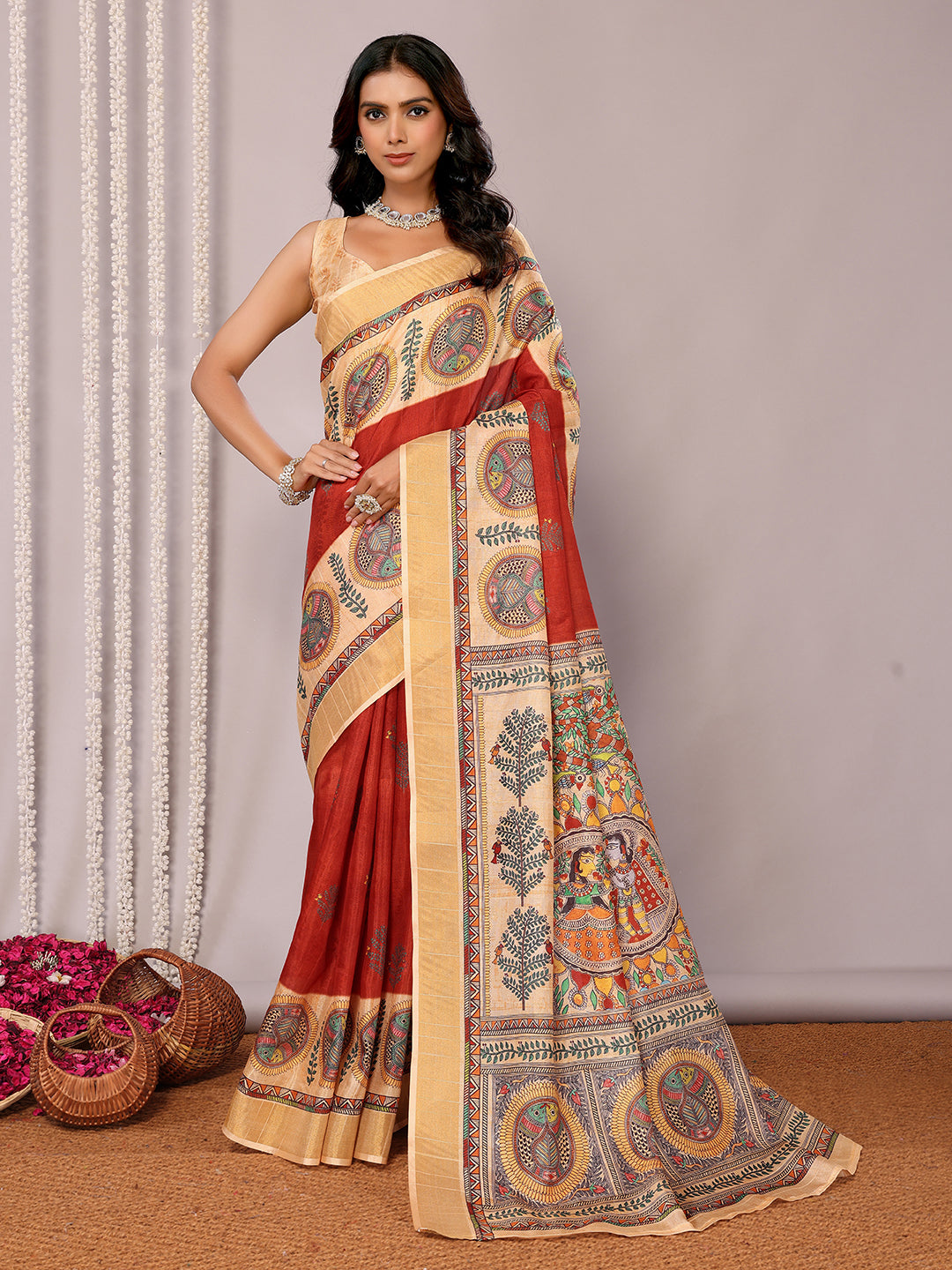 Janasya Maroon Chanderi Silk Ethnic Print Printed Saree - Distacart