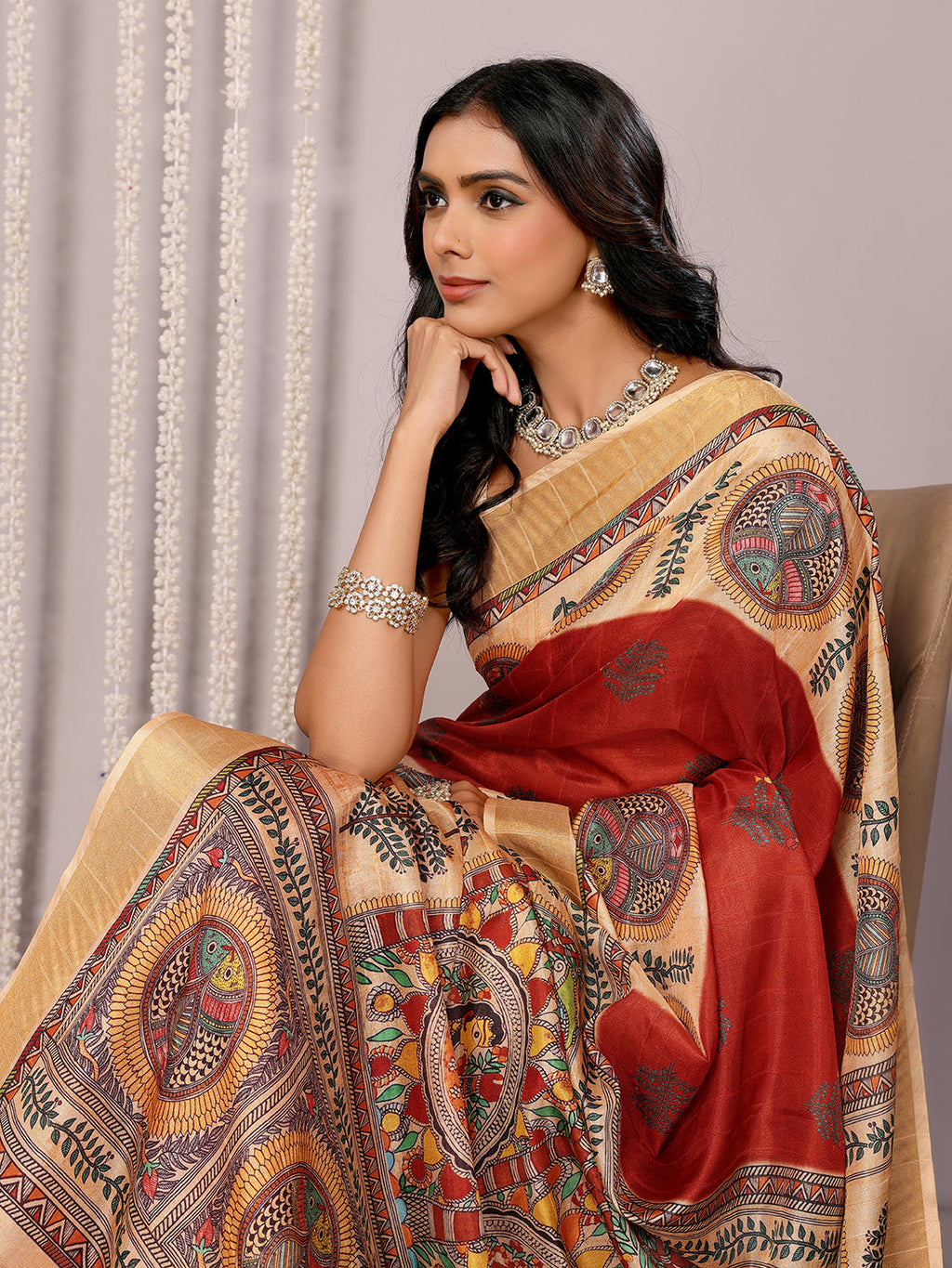 Janasya Maroon Chanderi Silk Ethnic Print Printed Saree - Distacart