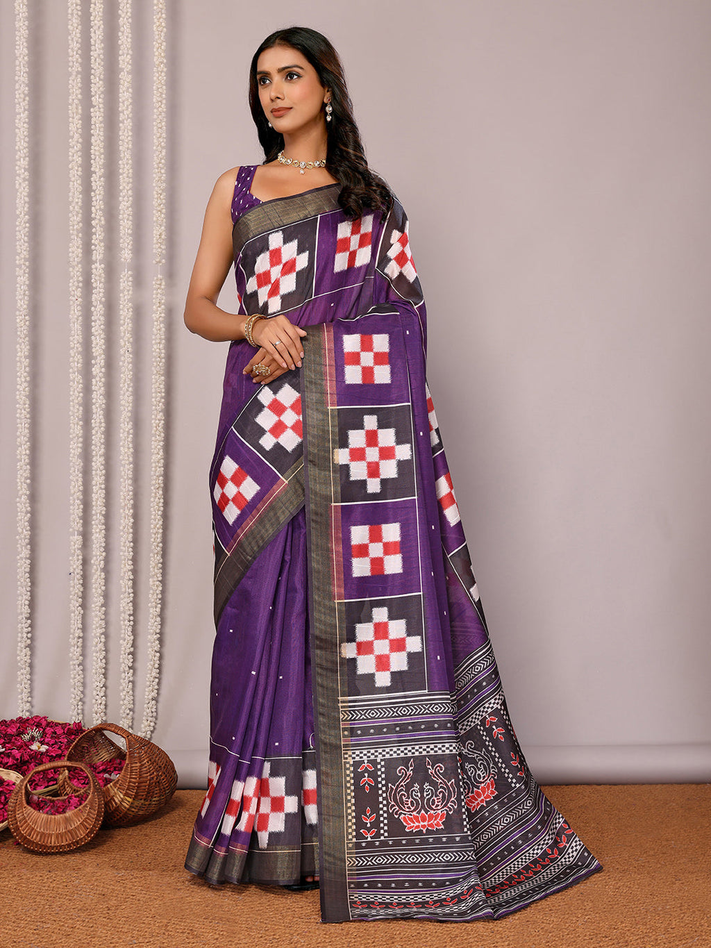 Janasya Purple Chanderi Silk Geometric Printed Saree - Distacart