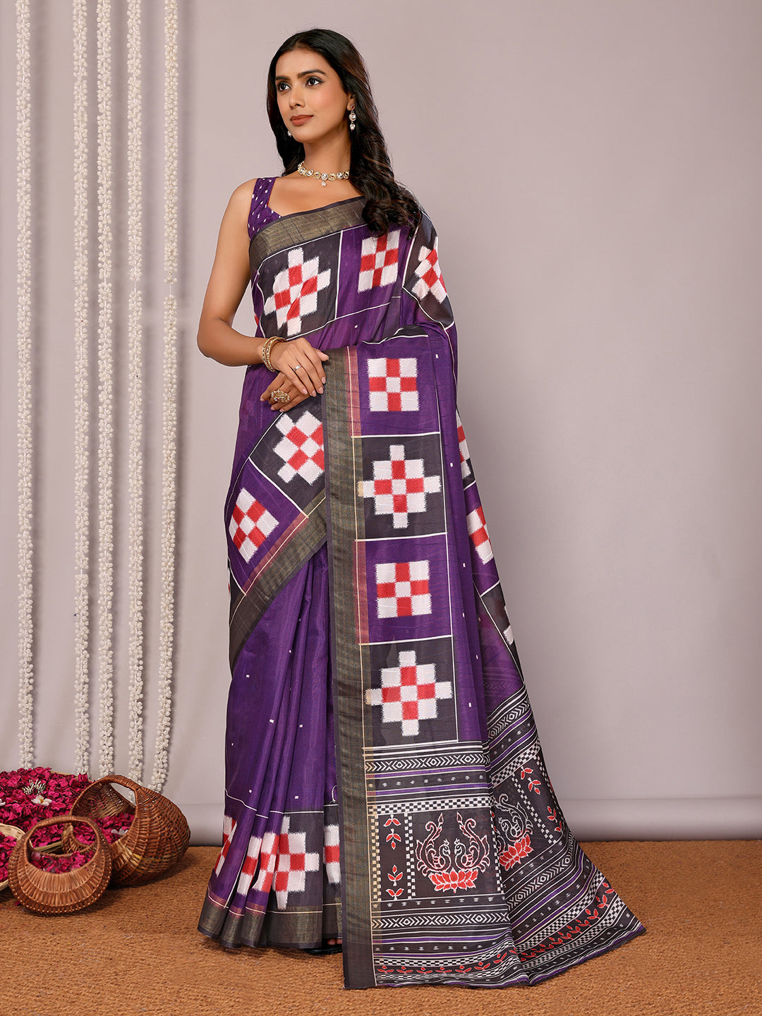Janasya Purple Chanderi Silk Geometric Printed Saree - Distacart