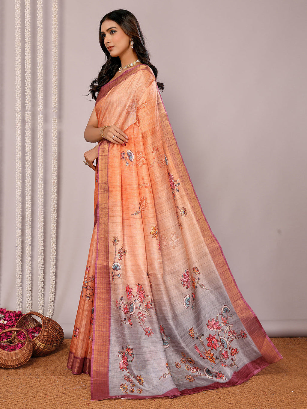 Janasya Beige Chanderi Silk Floral Printed Saree - Distacart