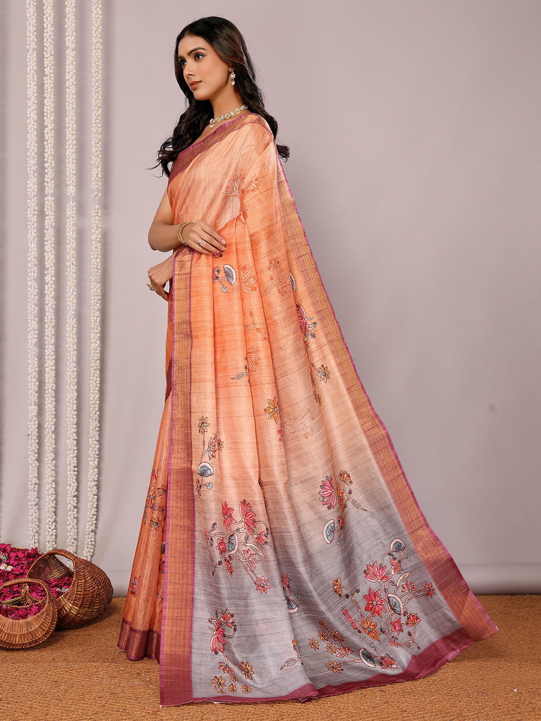 Janasya Beige Chanderi Silk Floral Printed Saree - Distacart