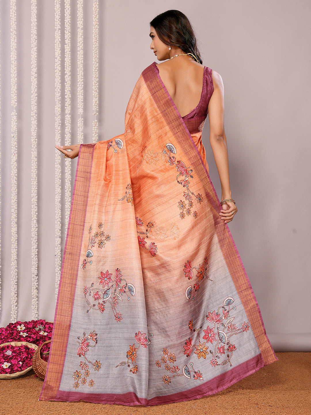 Janasya Beige Chanderi Silk Floral Printed Saree - Distacart