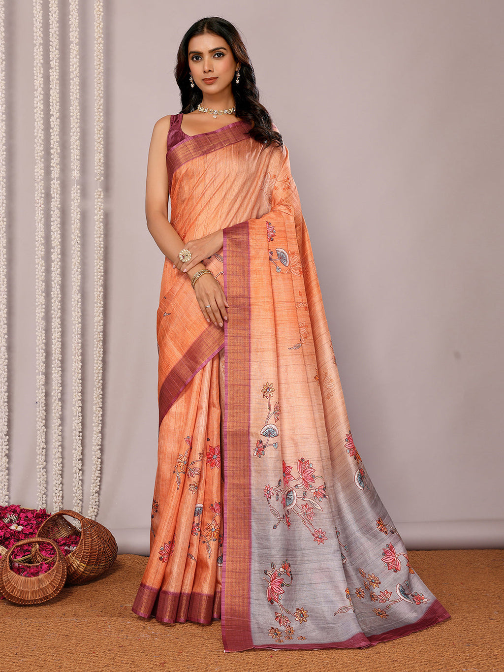 Janasya Beige Chanderi Silk Floral Printed Saree - Distacart