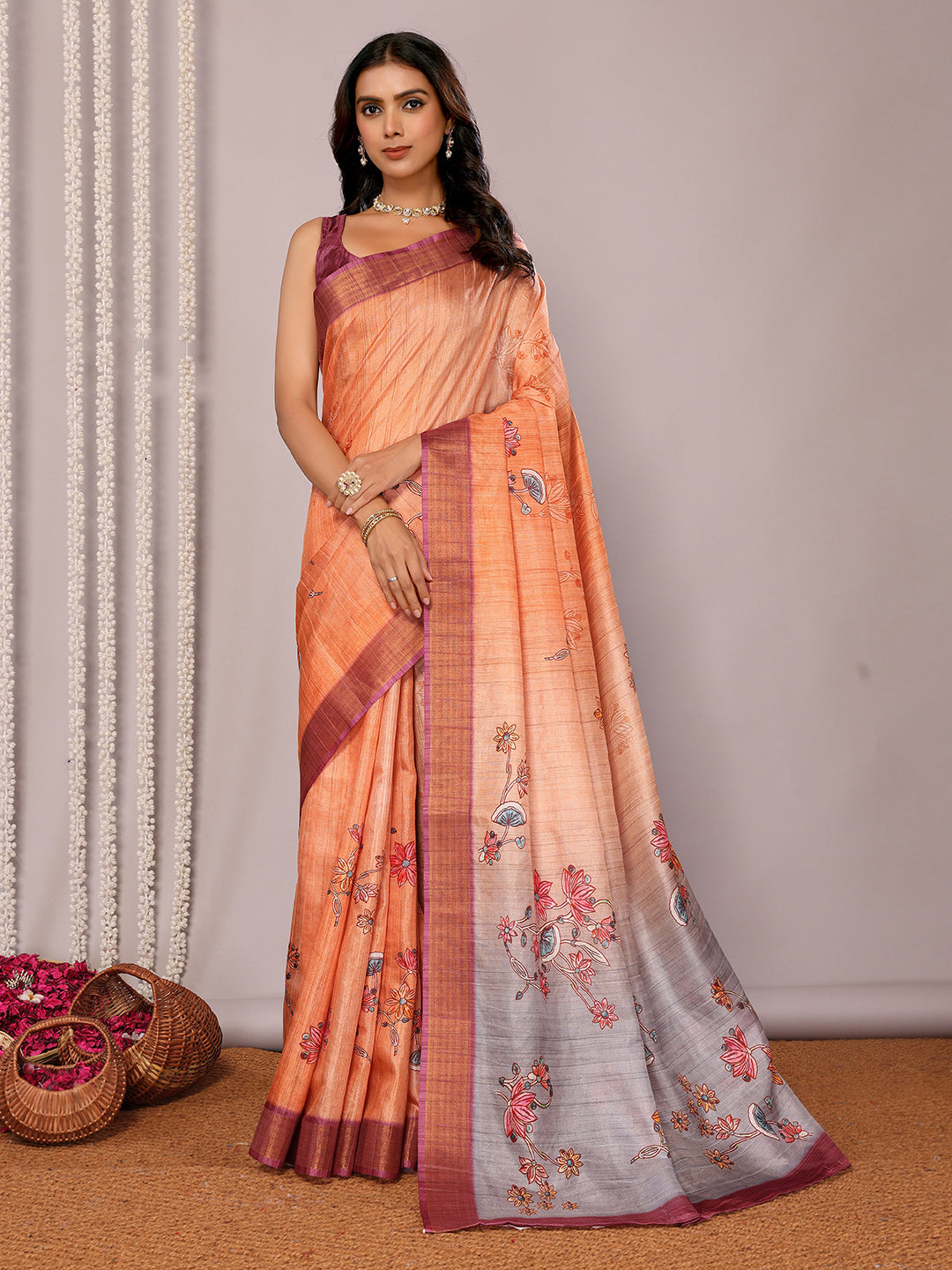 Janasya Beige Chanderi Silk Floral Printed Saree - Distacart