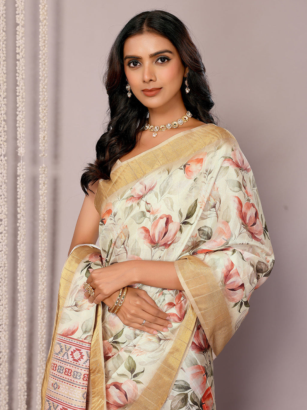 Janasya Cream Chanderi Silk Floral Printed Saree - Distacart