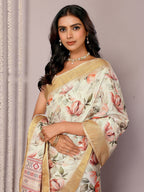 Janasya Cream Chanderi Silk Floral Printed Saree - Distacart