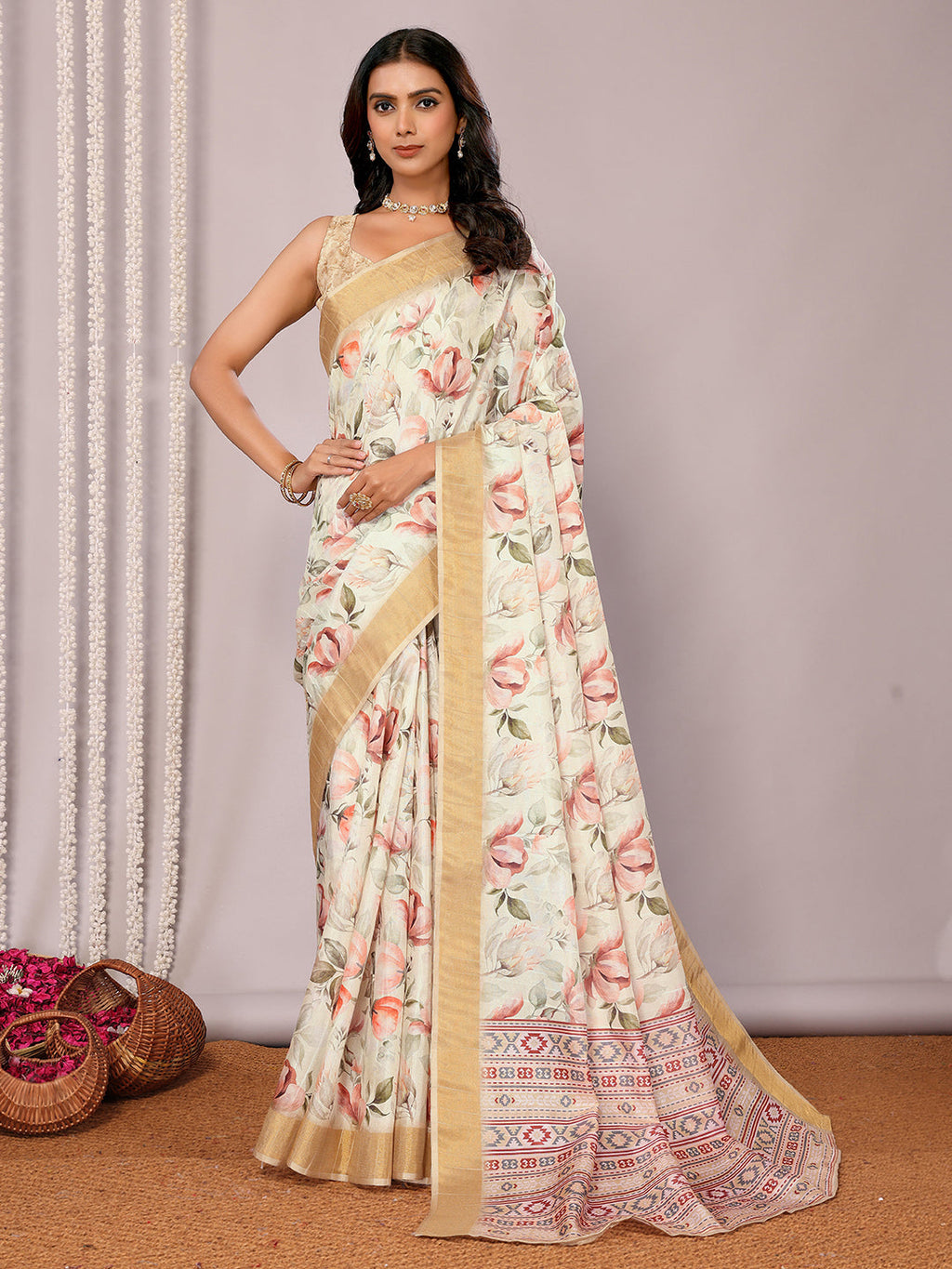 Janasya Cream Chanderi Silk Floral Printed Saree - Distacart