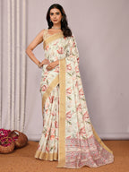 Janasya Cream Chanderi Silk Floral Printed Saree - Distacart