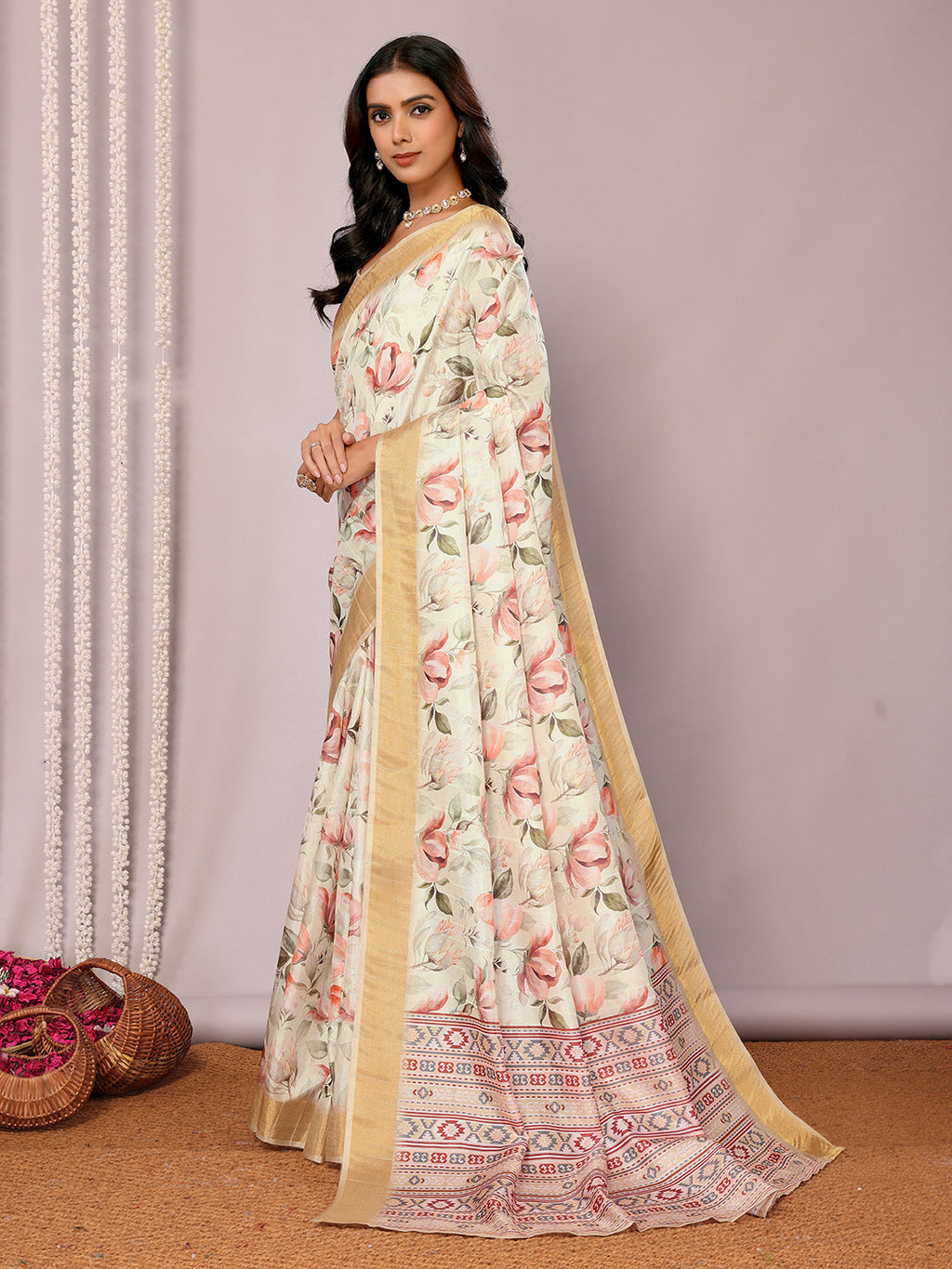 Janasya Cream Chanderi Silk Floral Printed Saree - Distacart