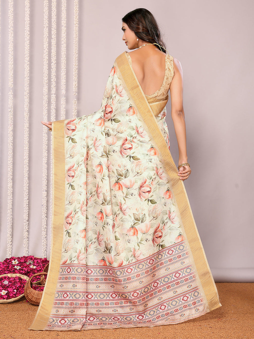 Janasya Cream Chanderi Silk Floral Printed Saree - Distacart