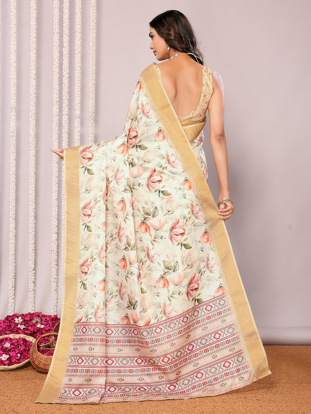 Janasya Cream Chanderi Silk Floral Printed Saree - Distacart