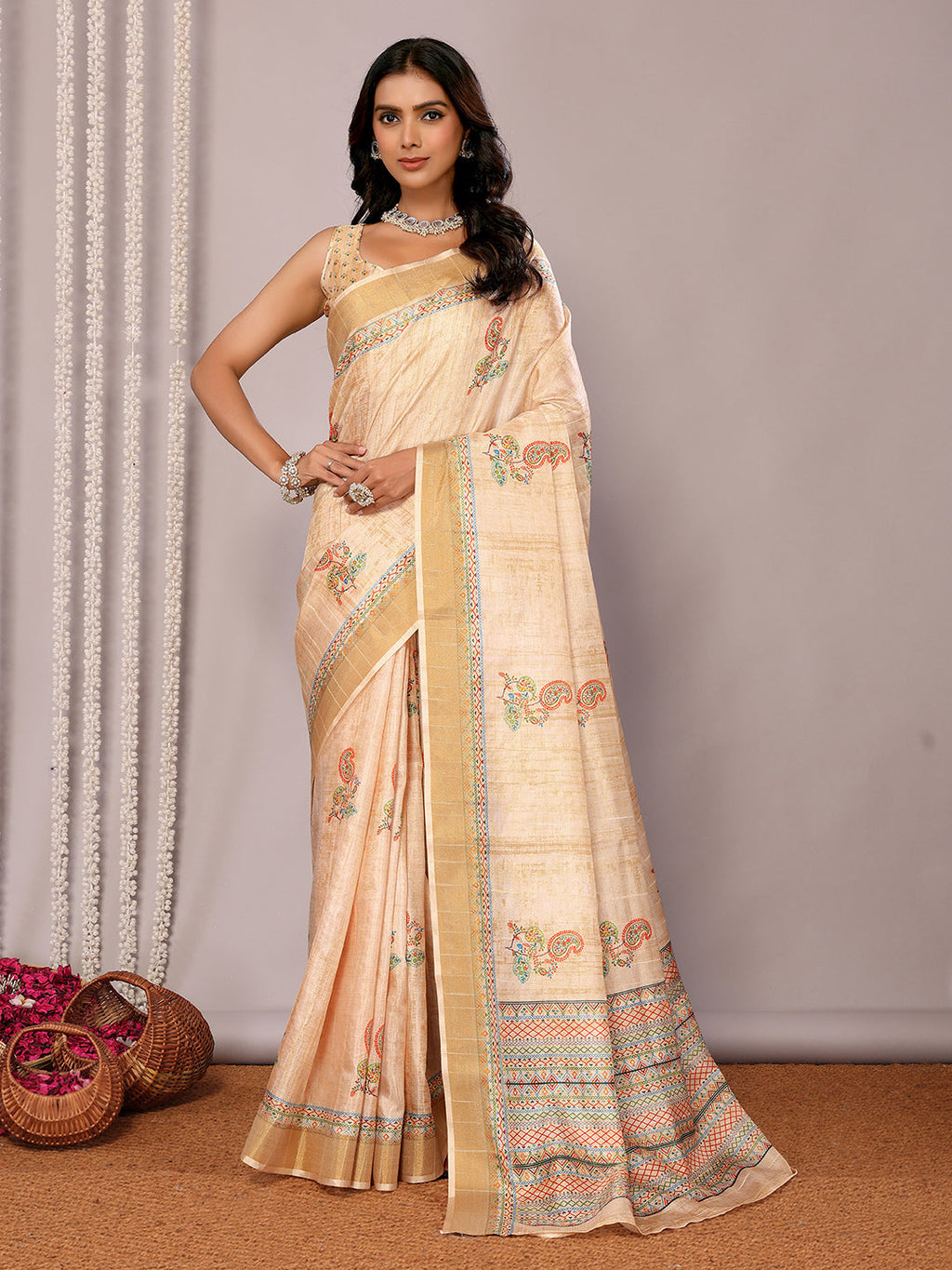 Janasya Beige Chanderi Silk Paisley Printed Saree - Distacart