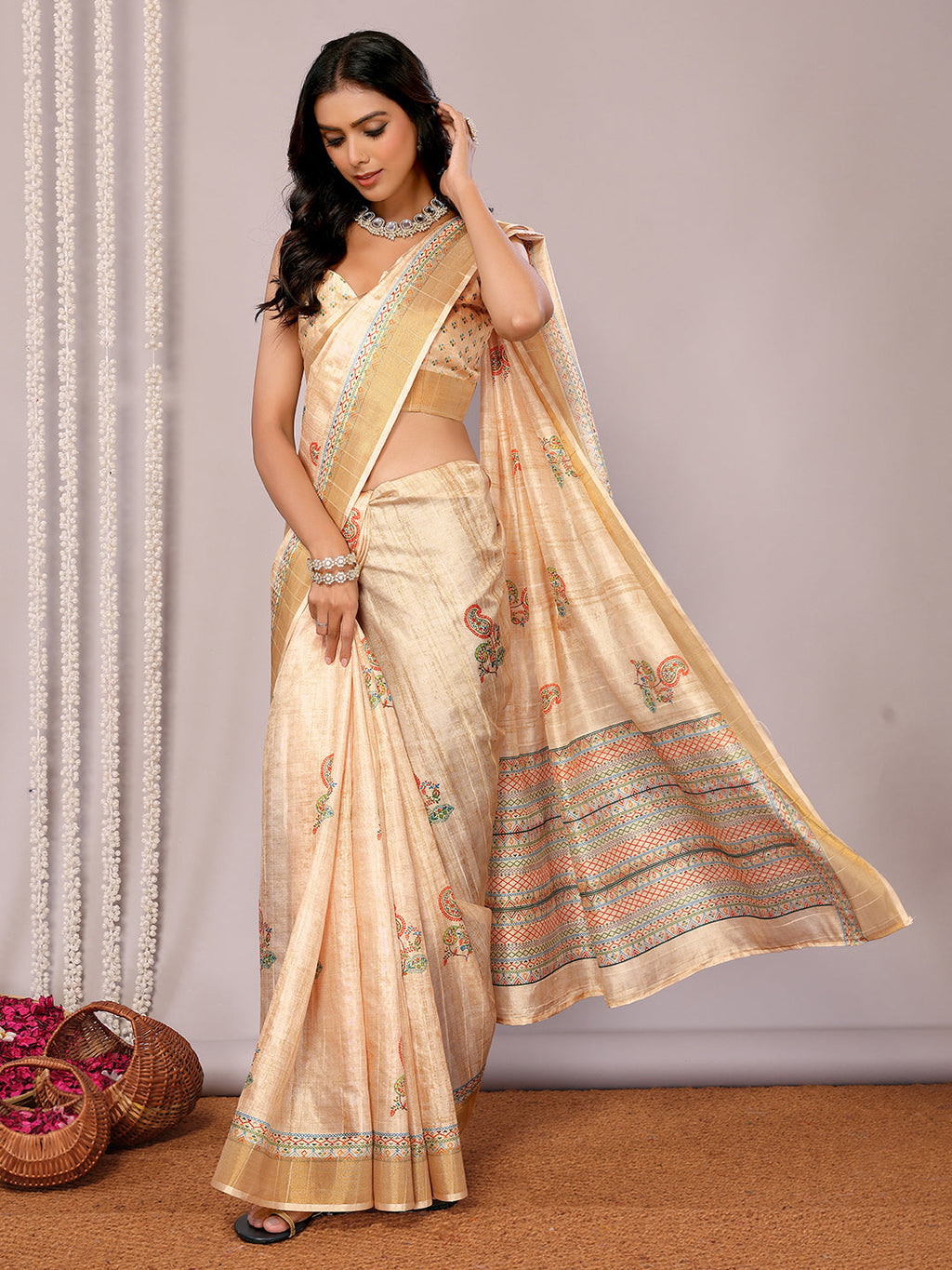 Janasya Beige Chanderi Silk Paisley Printed Saree - Distacart