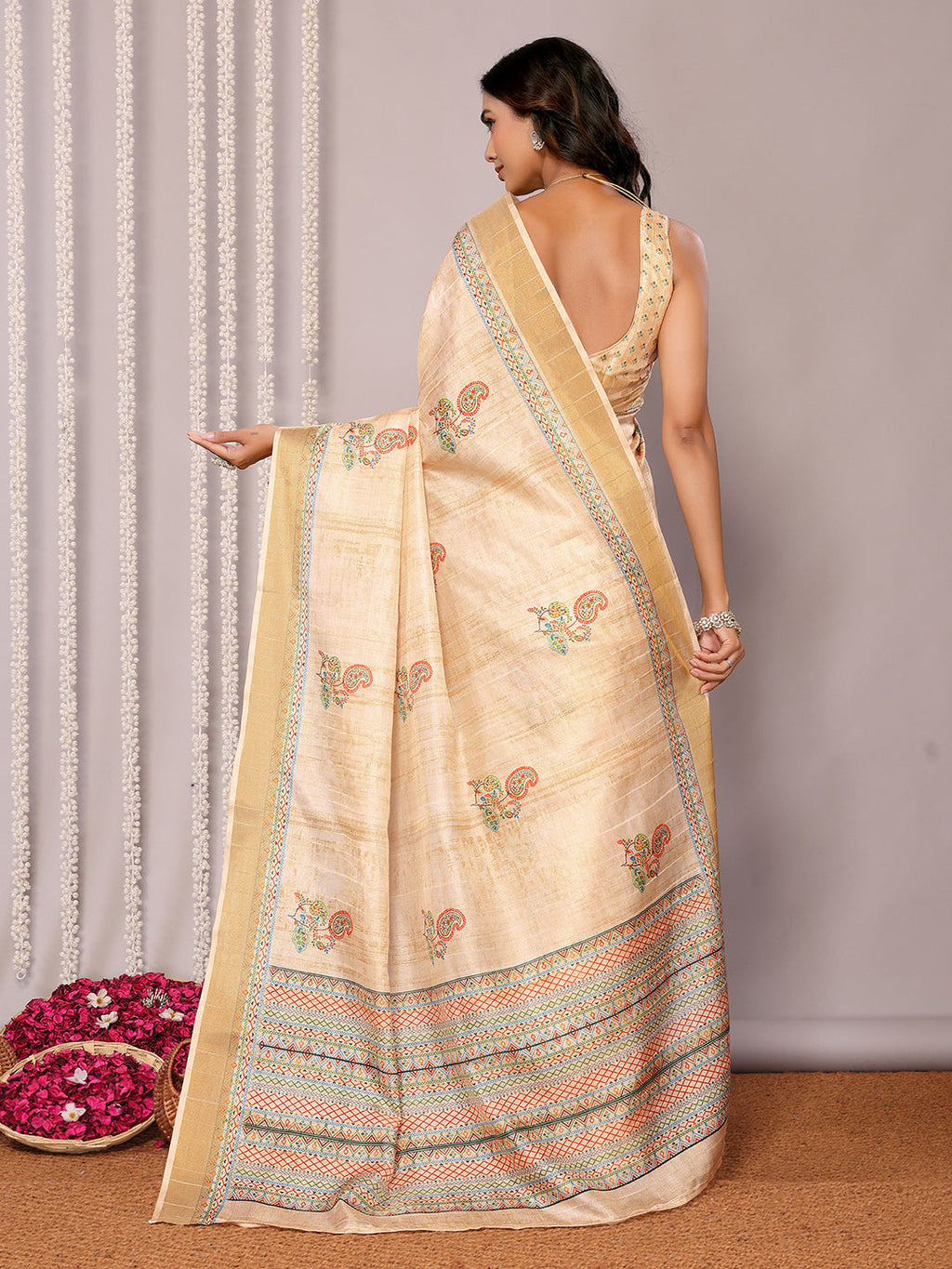 Janasya Beige Chanderi Silk Paisley Printed Saree - Distacart