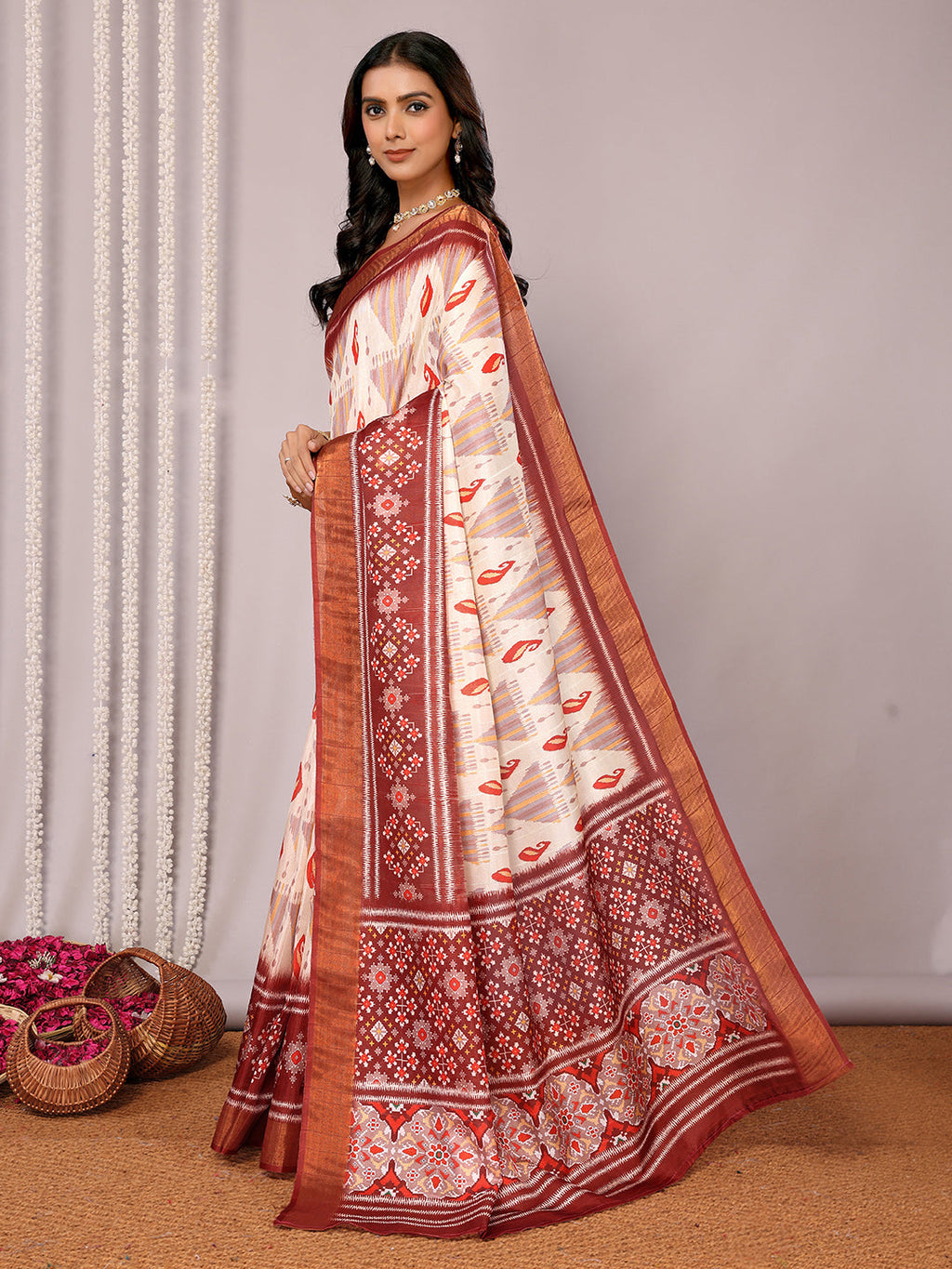 Janasya Cream Chanderi Silk Ikkat Printed Saree - Distacart