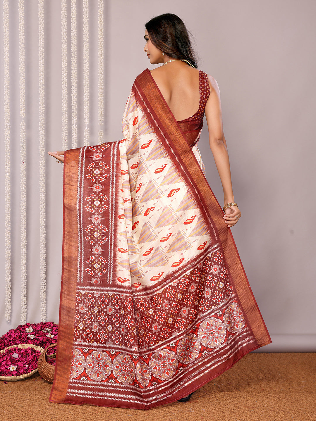 Janasya Cream Chanderi Silk Ikkat Printed Saree - Distacart