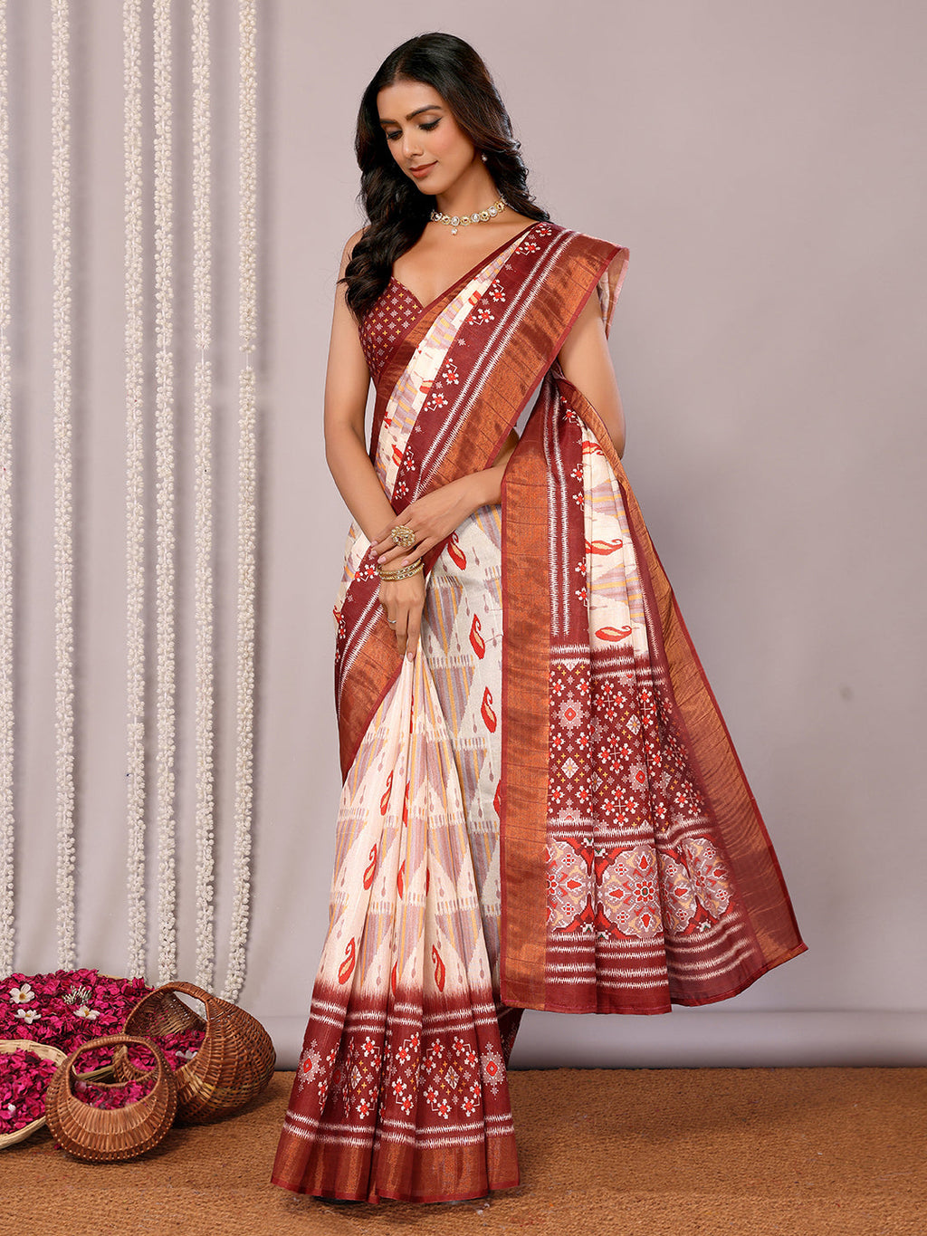Janasya Cream Chanderi Silk Ikkat Printed Saree - Distacart