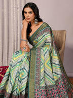 Janasya Green Chanderi Silk Chevron Printed Saree - Distacart